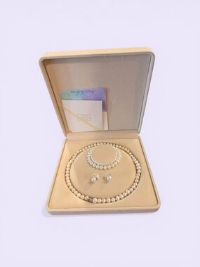 Classic Pearl Necklace, Bracelet & Stud Earrings Set - 925 Silver Clasps
